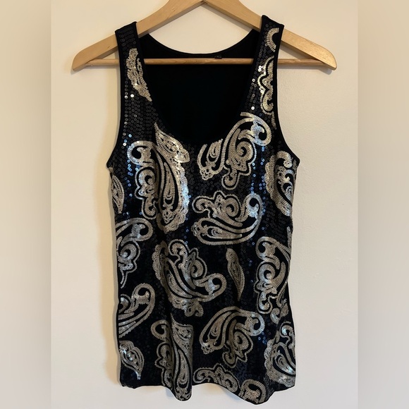 Womens APT.9 Tank Top Black Large Gold Sequin Modal Paisley Soft Casual Summer - Picture 1 of 15